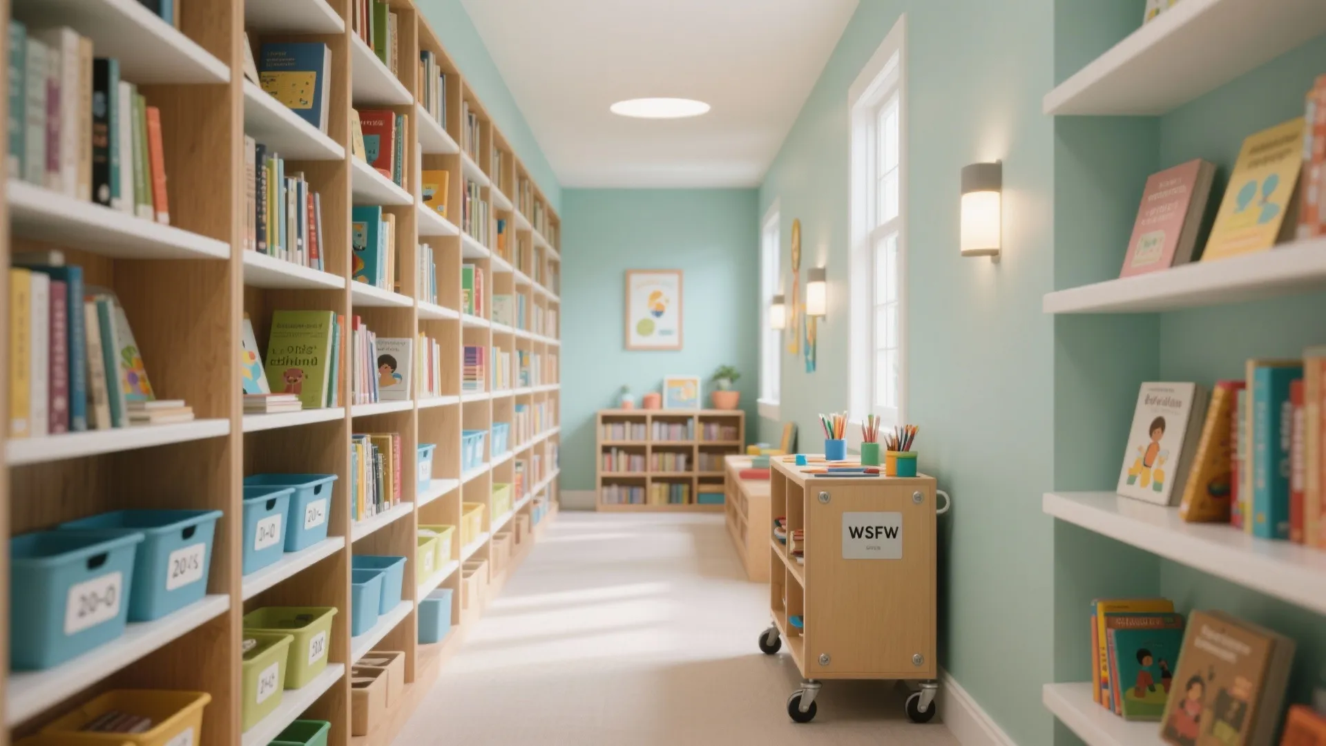 Library wall with rolling cart