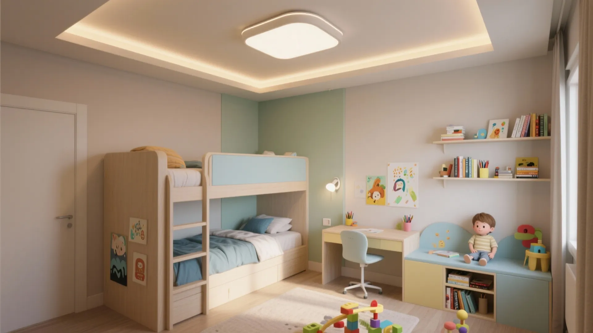 Kids bedroom interior design drawing with bunk bed desk shelves toy storage and ceiling light