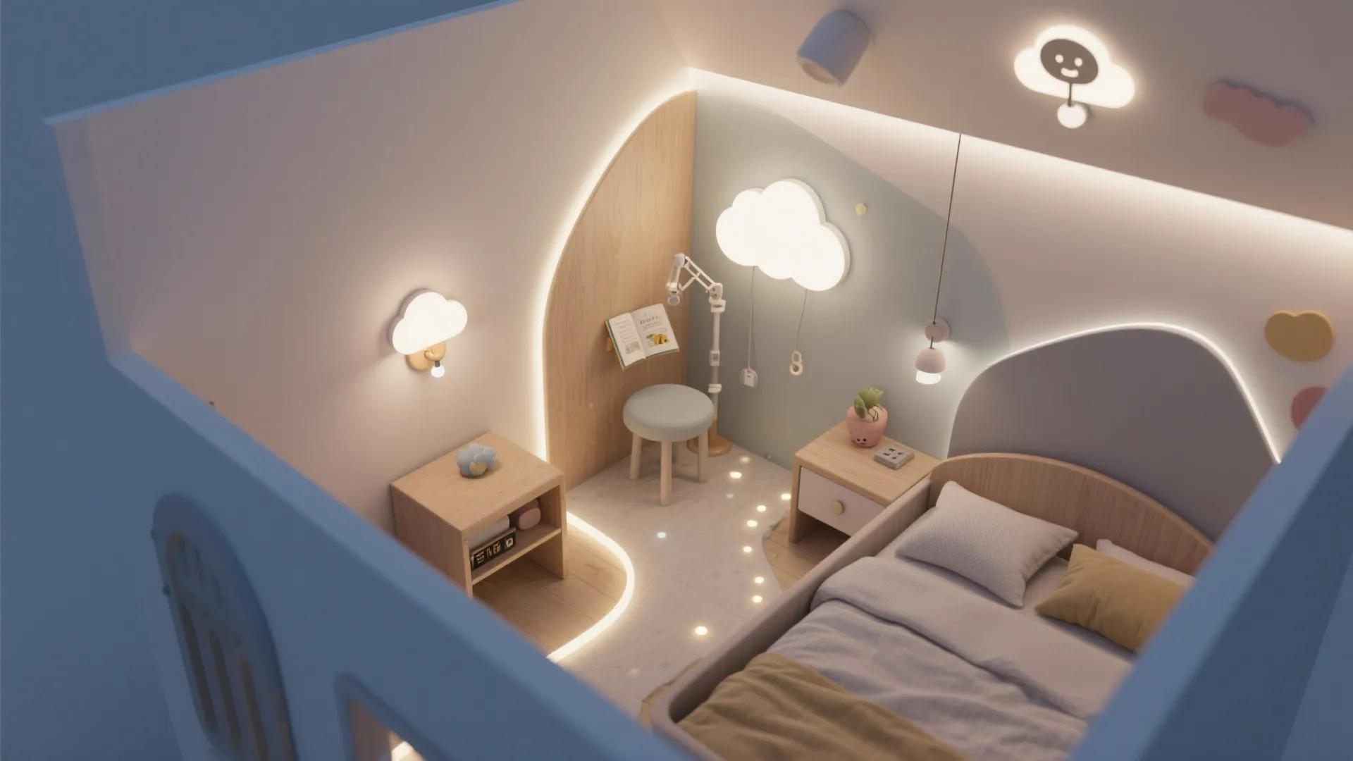 Top-down compact kids room showing layered lighting: bedside sconce, motion nightlights, playful wall light, swing arm, and indirect uplight.