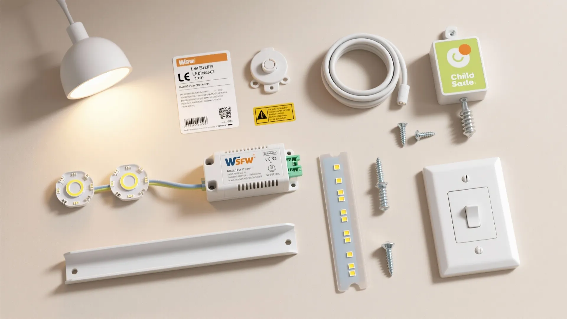 Flat lay of UL-listed LEDs, cord covers, low-voltage drivers, dimmers, and child-safe wall plates for safe installs.