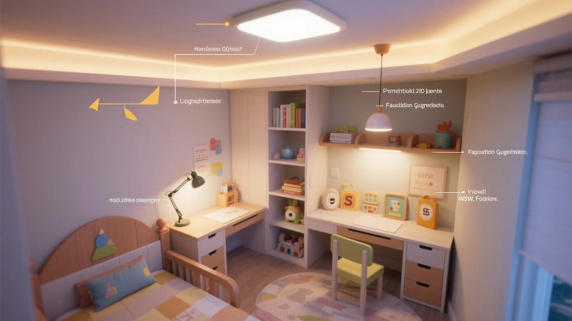 Kids bedroom interior design drawing with ceiling light desk lamp wall light and many colorful toys