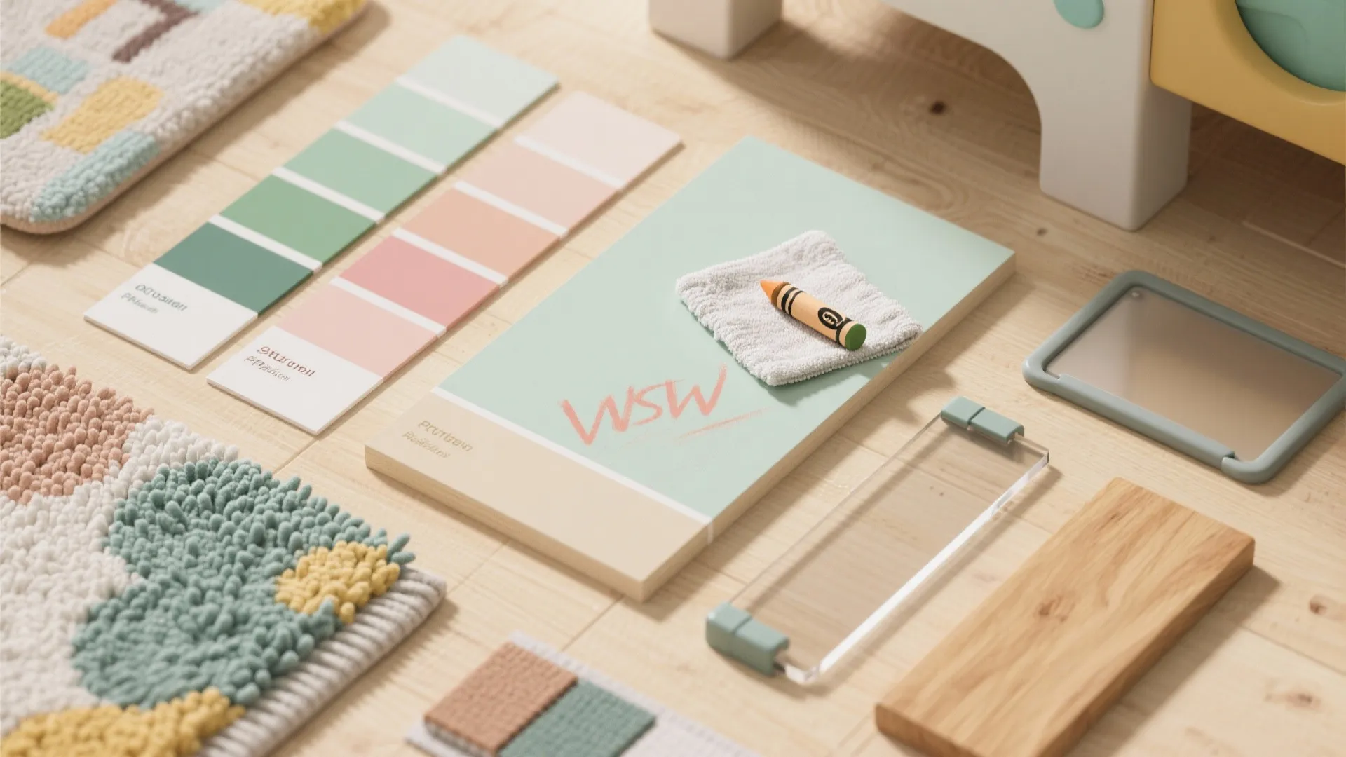 Colorful material samples including green and pink paint swatches and soft rugs on wood floor