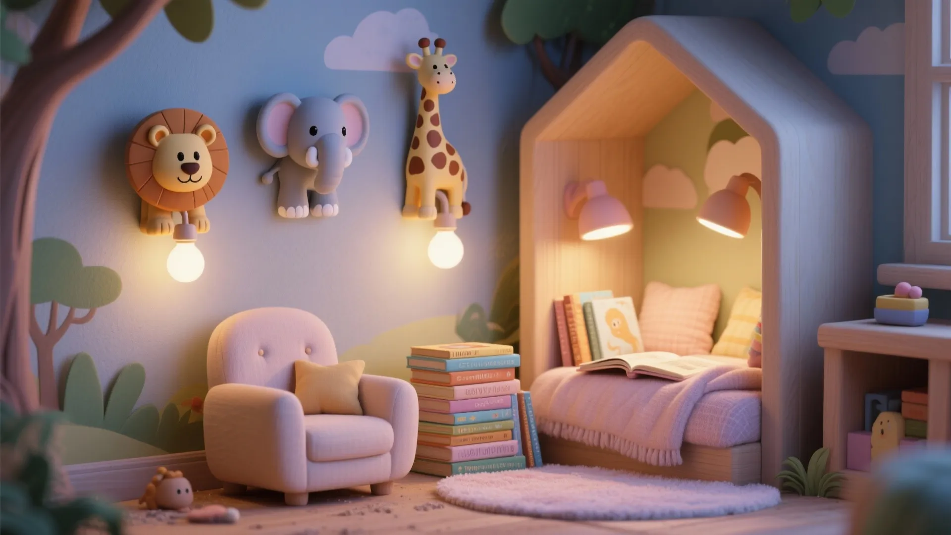 Children's reading nook with three small animal wall lights (lion, elephant, giraffe) casting warm reading light.