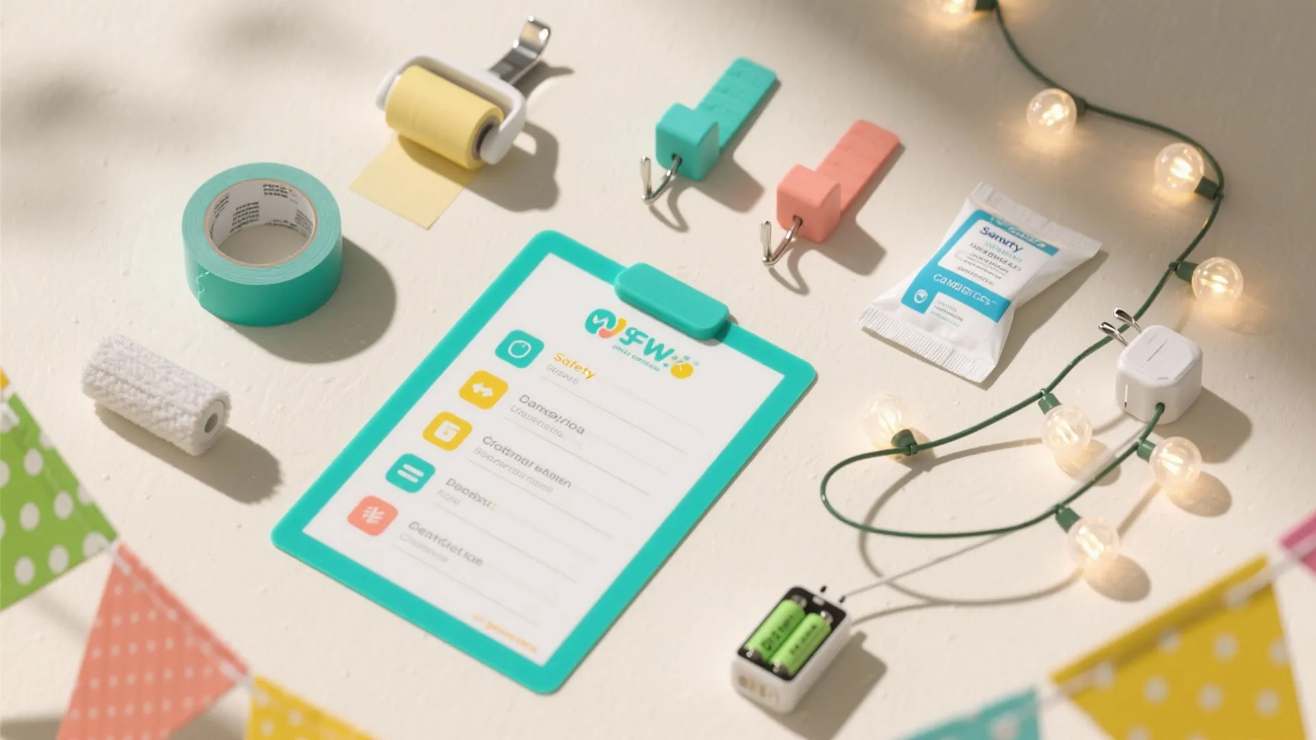 Flat lay of kids party safety checklist items: silicone placemat, painter’s tape, lint roller, wipes, hooks, and frosted string lights.