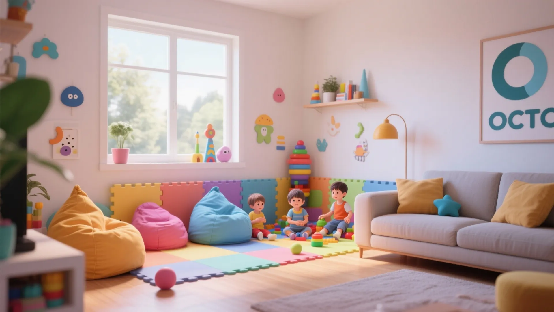 Kids' living room corner with colorful soft bean bags