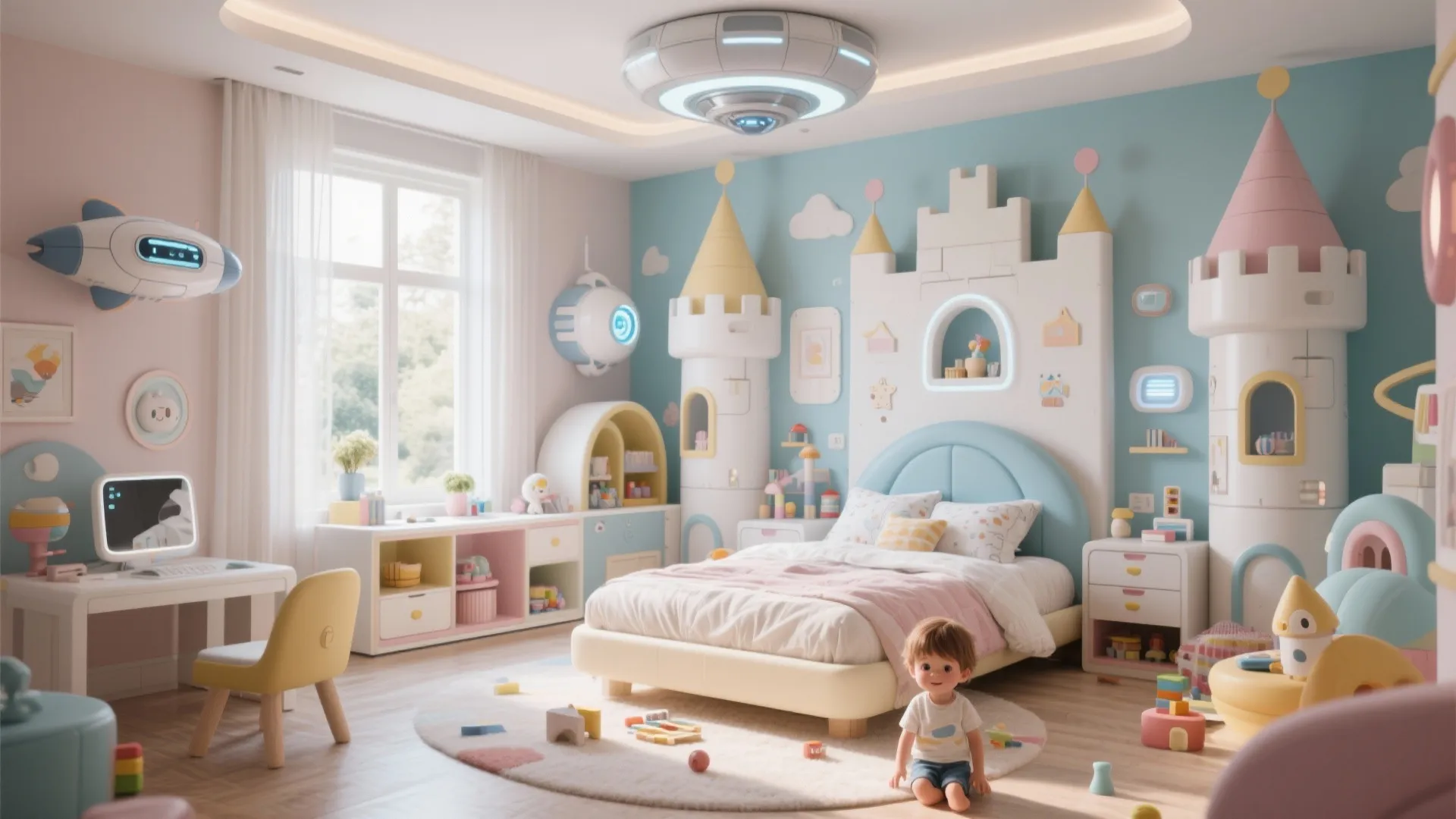 Space and castle themed kids bedroom with white bed colorful wall panels and study desk