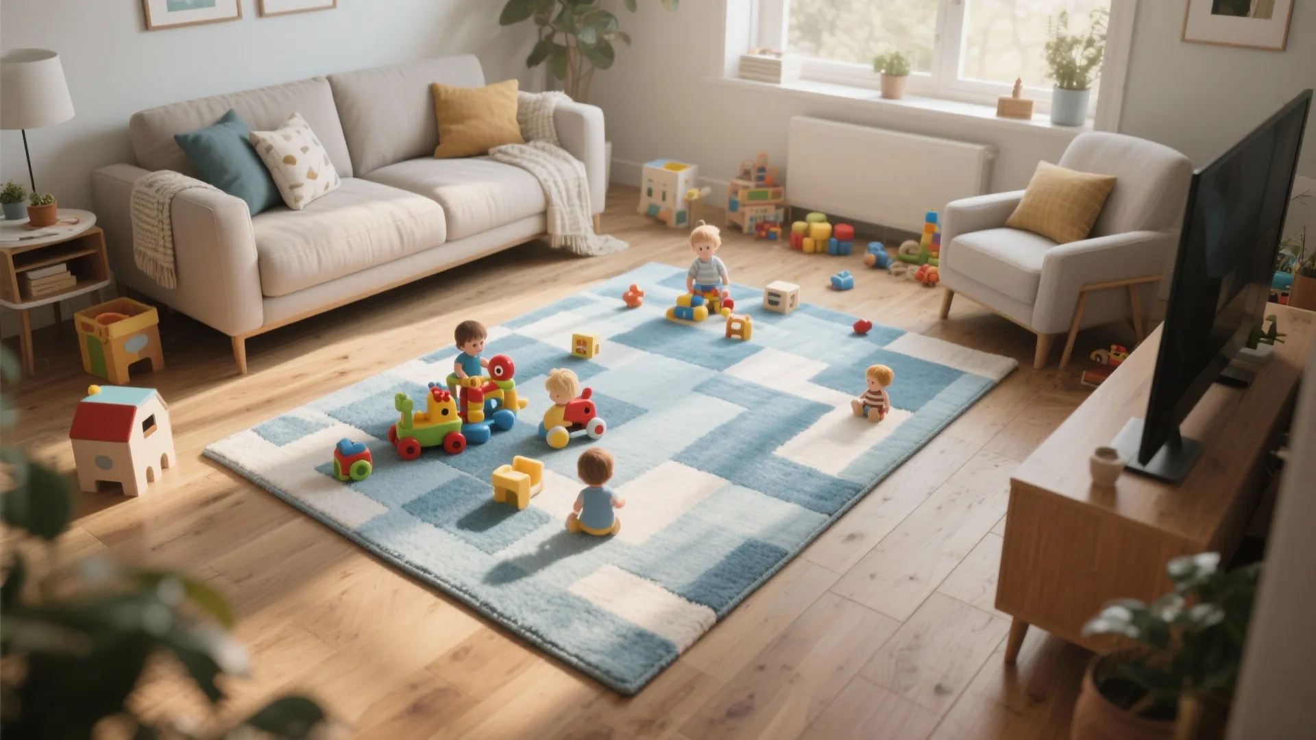 Blue and white patterned rug in a bright playroom with sofa and many colorful toys