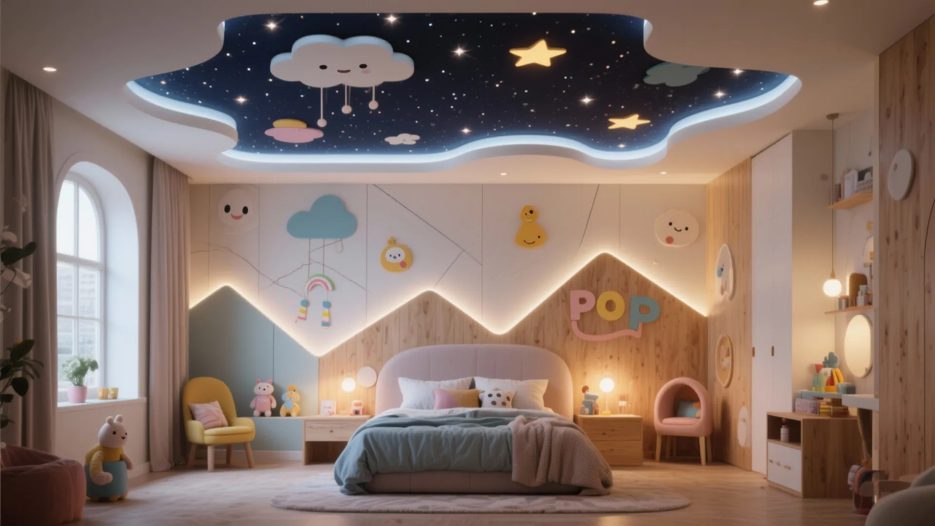 Cozy bedroom with mountain shaped wall panel and cloud themed starry ceiling cutout light fixture
