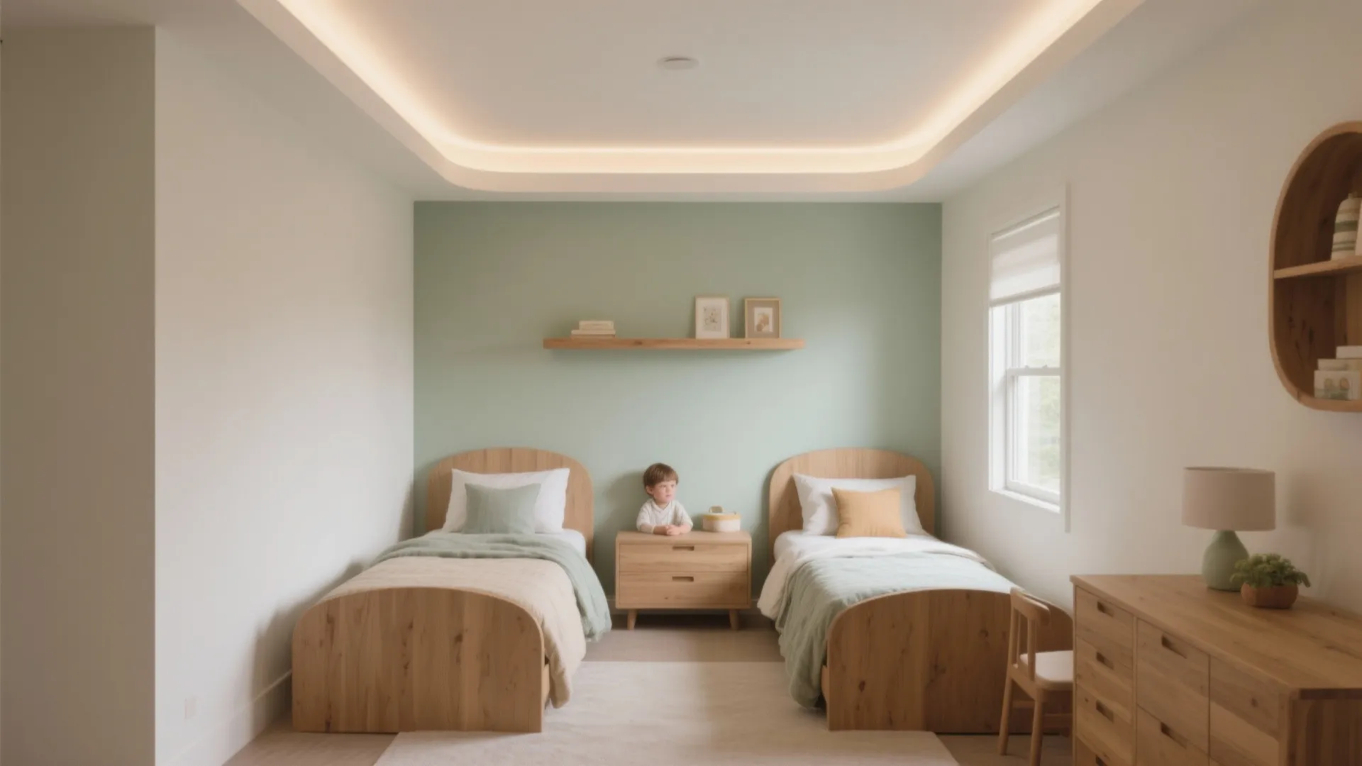 Modern kids bedroom with two wooden beds a green accent wall and warm ceiling lights