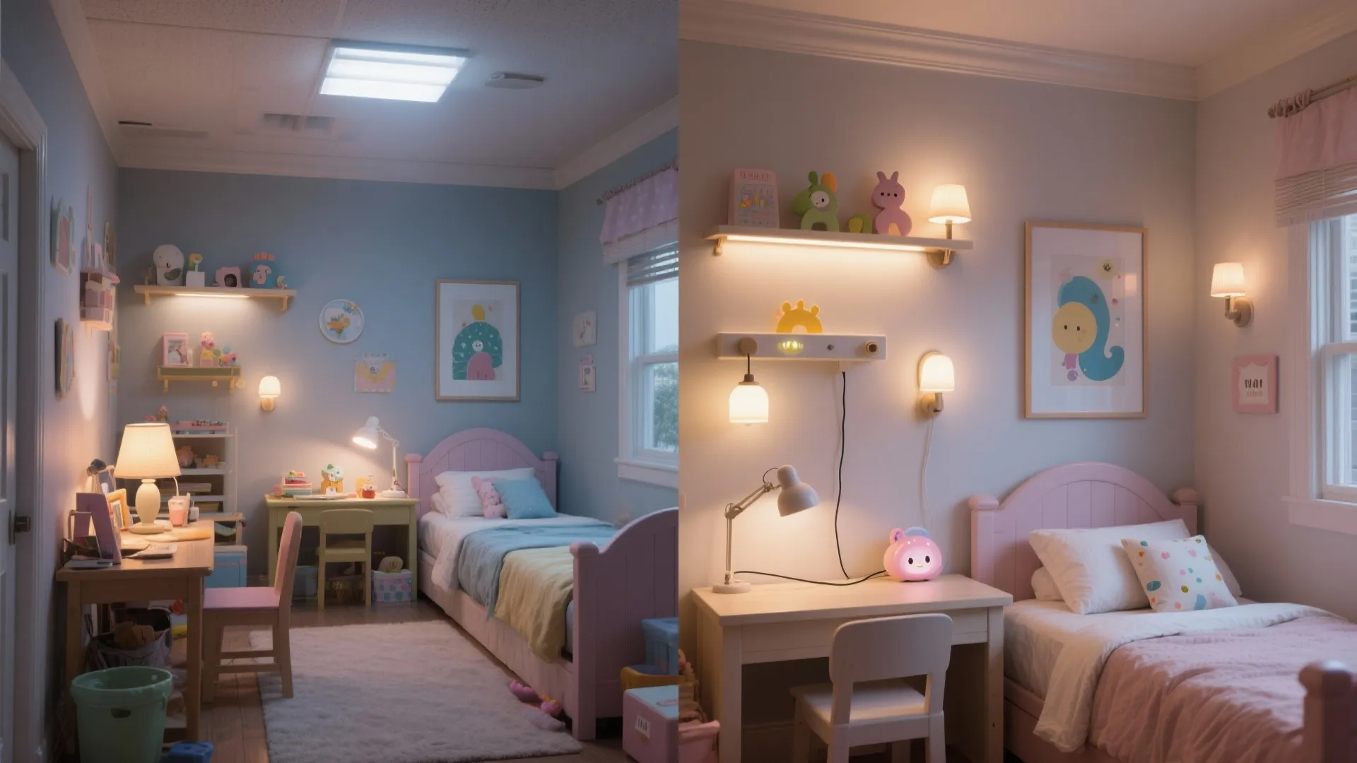 Before and after comparison of a kids bedroom showing updated lighting and improved wall shelf layout
