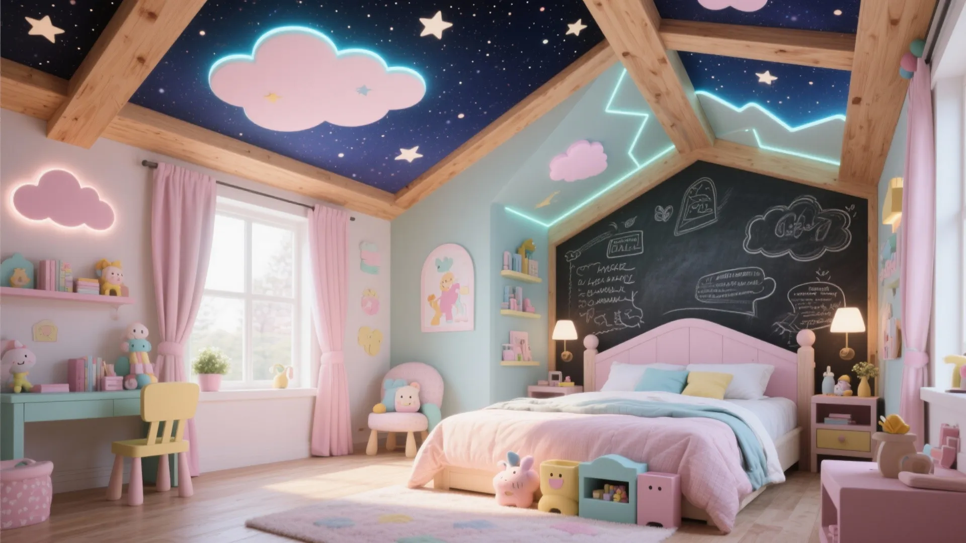 Pink and blue kids bedroom with wooden ceiling beams glowing cloud lights and chalkboard wall