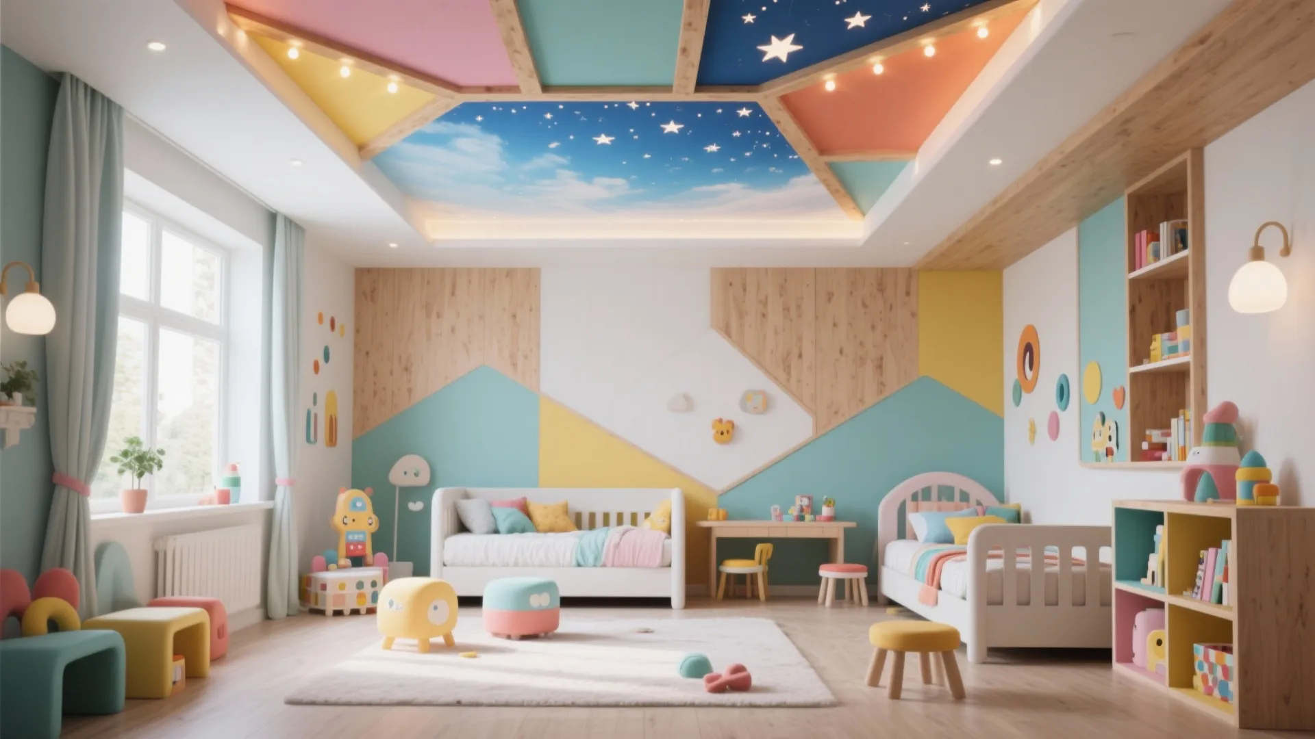 Bright playroom with star pattern ceiling light fixture and colorful wall panels for two children