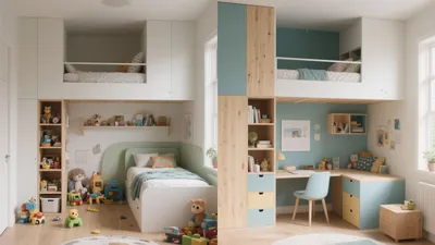 Smart Kids Bedroom with Loft Beds and Study Zone