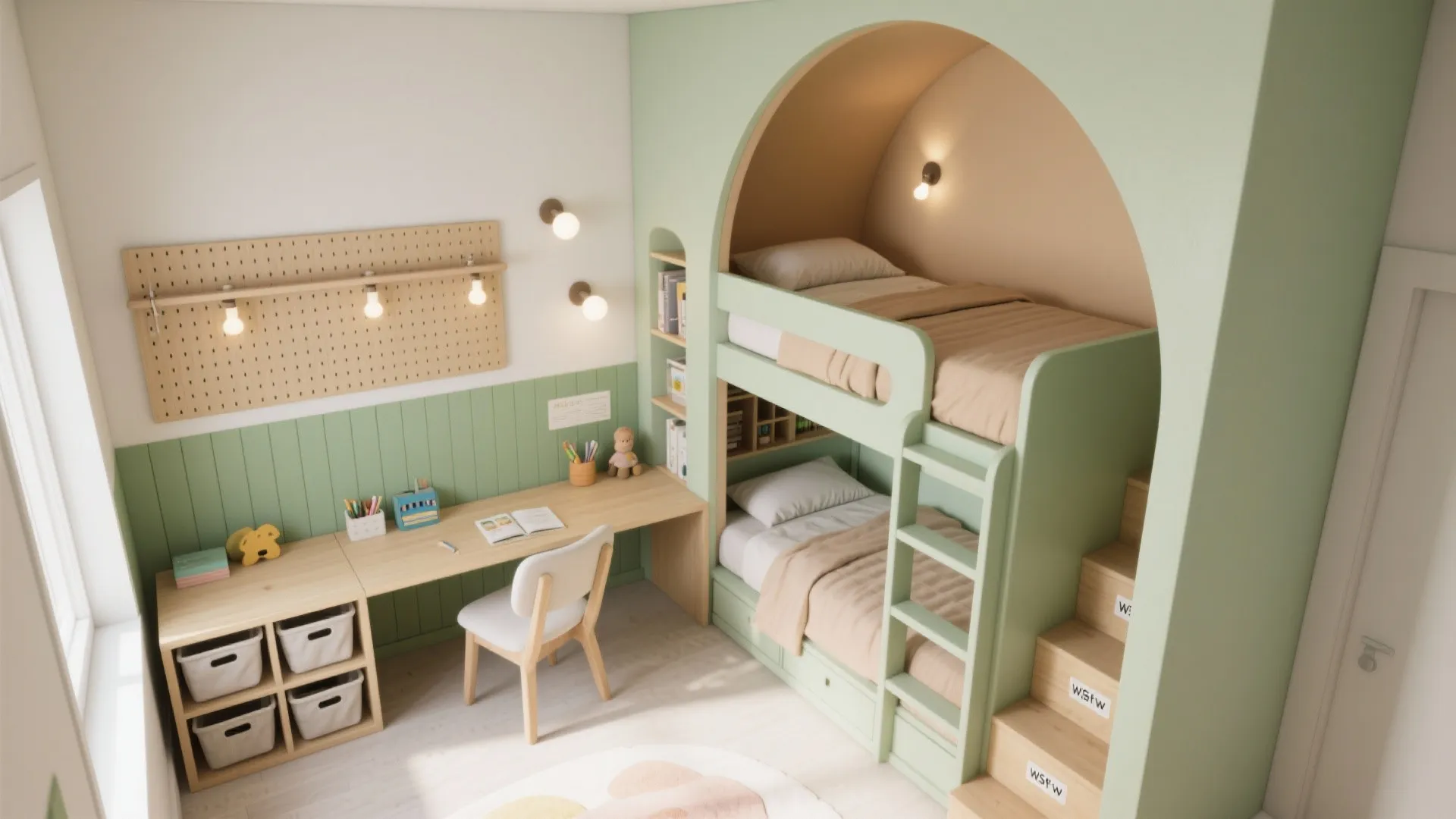 Modern kids bedroom with green bunk bed wooden desk white chair wall lights and pegboard
