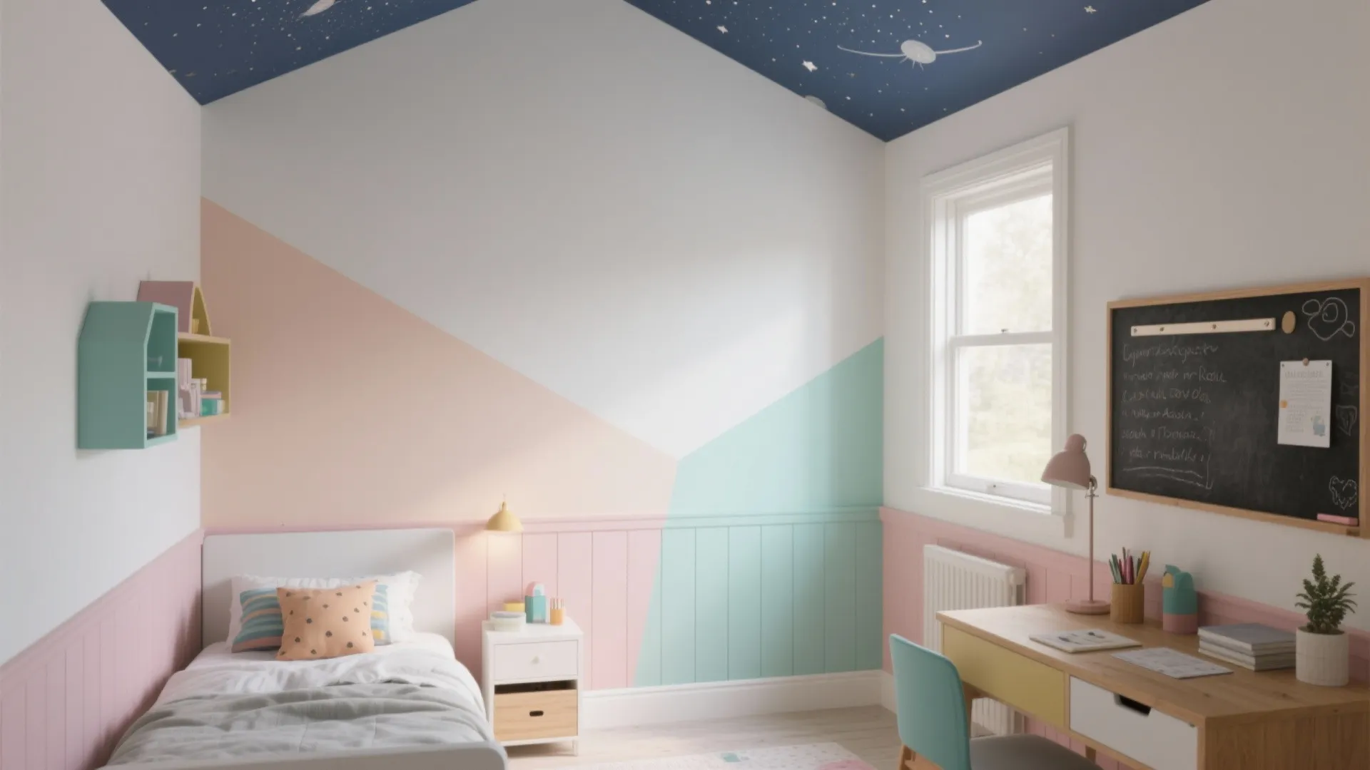 Bright kids bedroom with pink wall panels, single bed, study desk, and starry blue ceiling