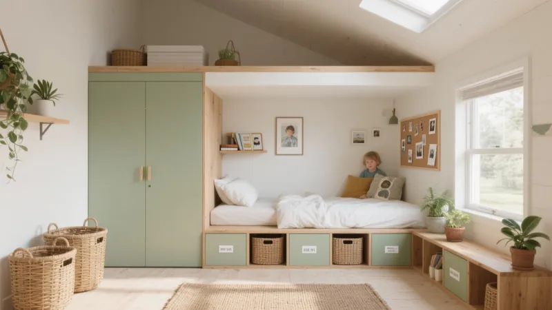 Cozy Kids Bedroom with Built-In Storage and Natural Light