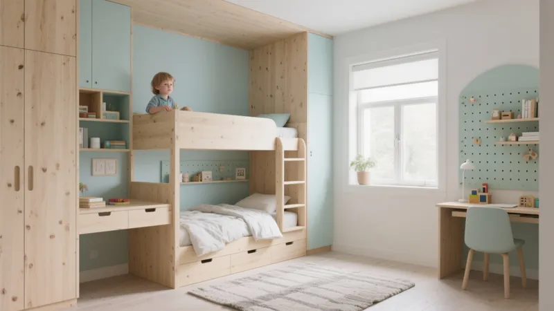 Scandinavian Kids Bedroom with Bunk Bed and Study Zone