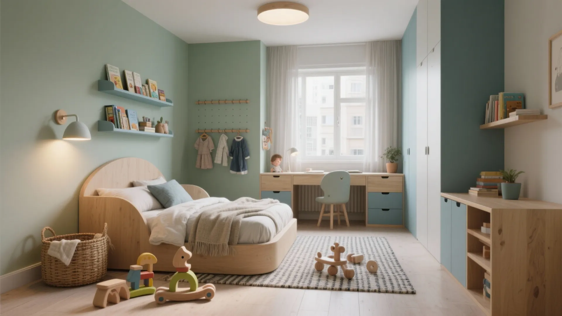 Modern kids bedroom featuring mint green walls wooden bed study desk chair rug and toys
