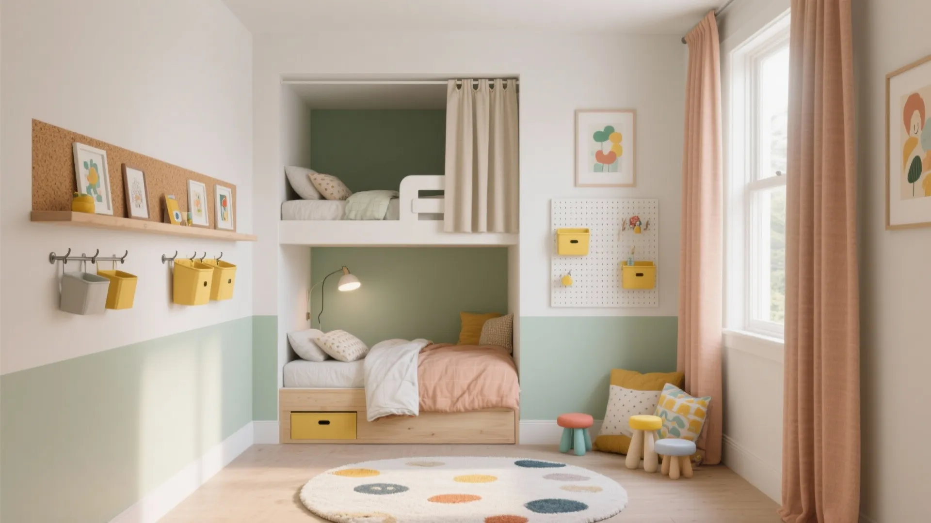 Modern kids room with white bunk beds pink curtains round rug and yellow wall storage