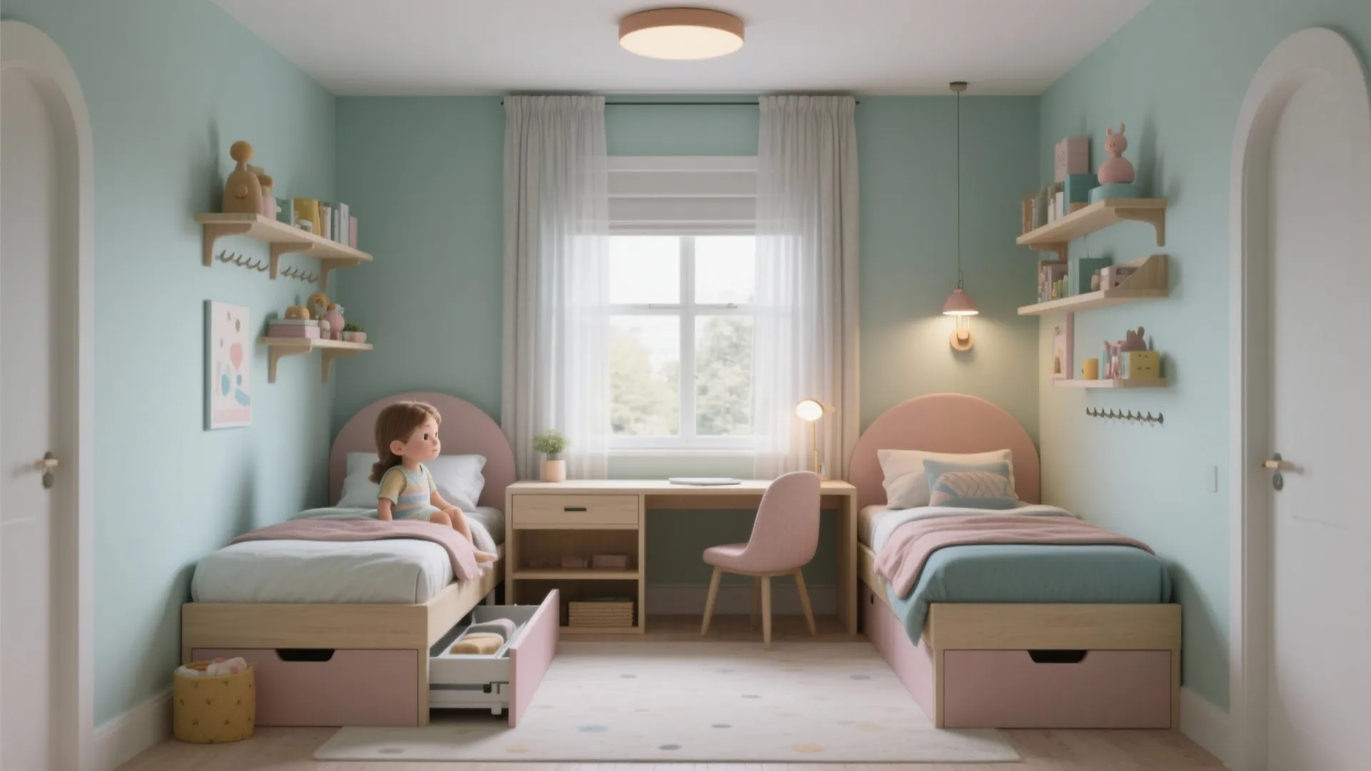 Shared kids bedroom with two pink beds a central desk light green walls and curtain