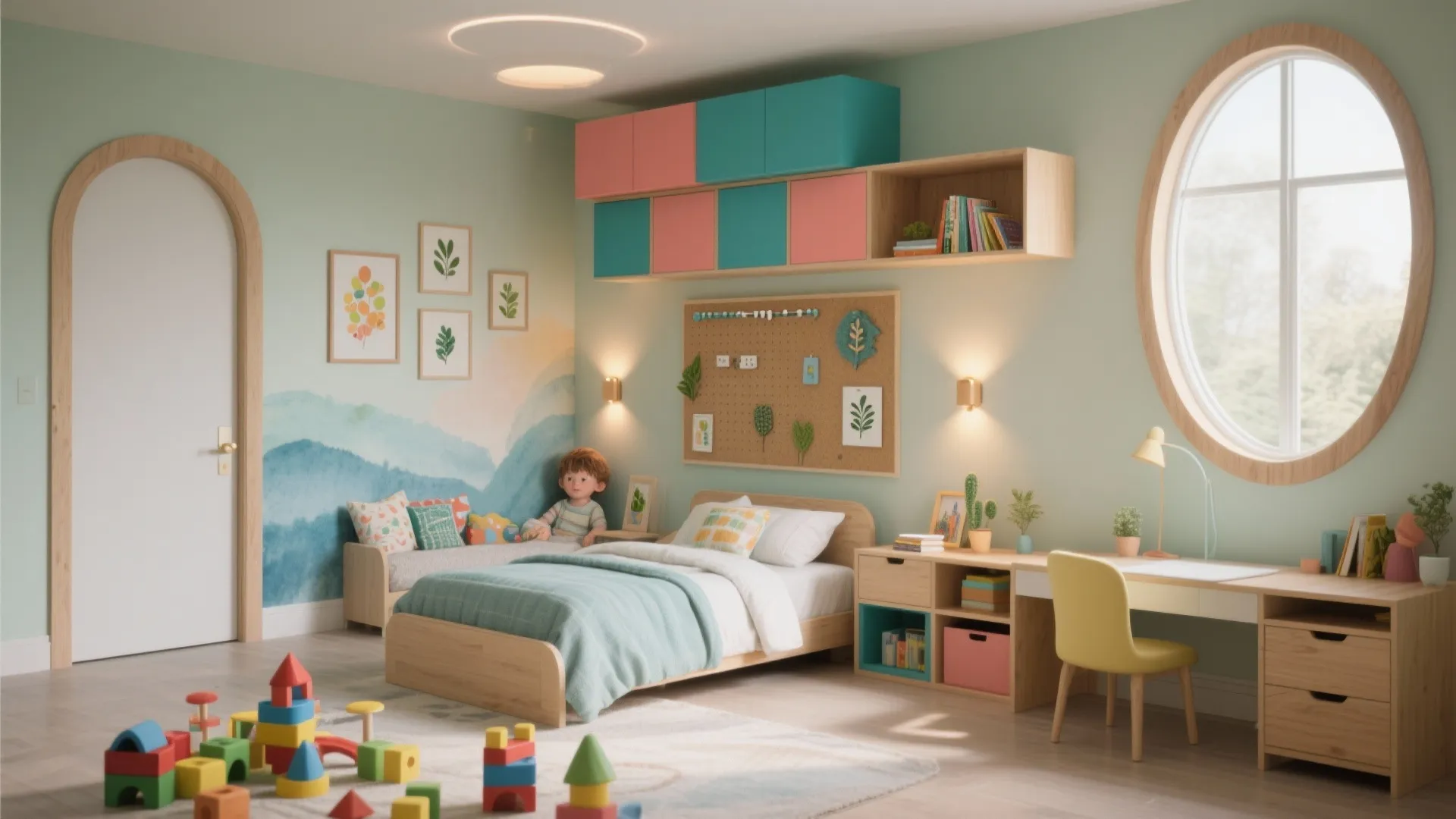 Modern kids bedroom with light green walls round window single bed desk and colorful wall cabinets