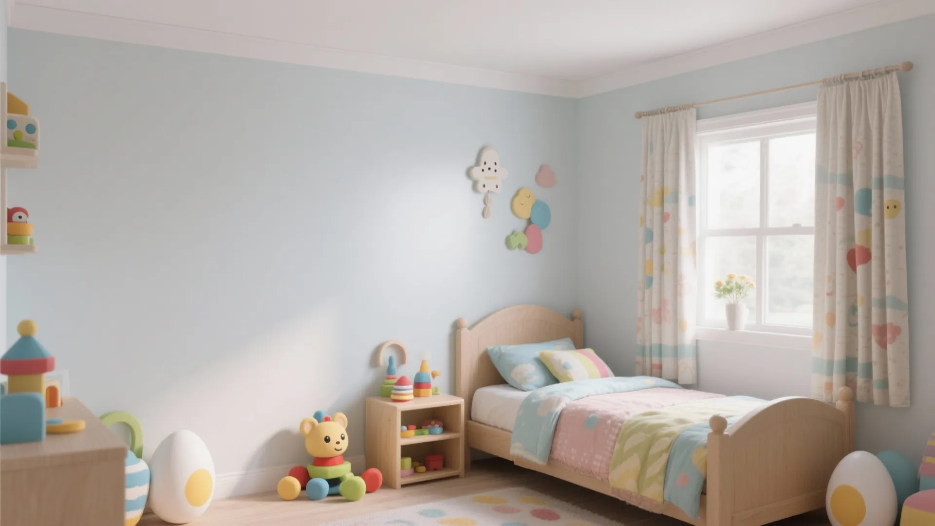 Kids bedroom with light blue walls wooden bed colorful toys patterned curtains and bright light
