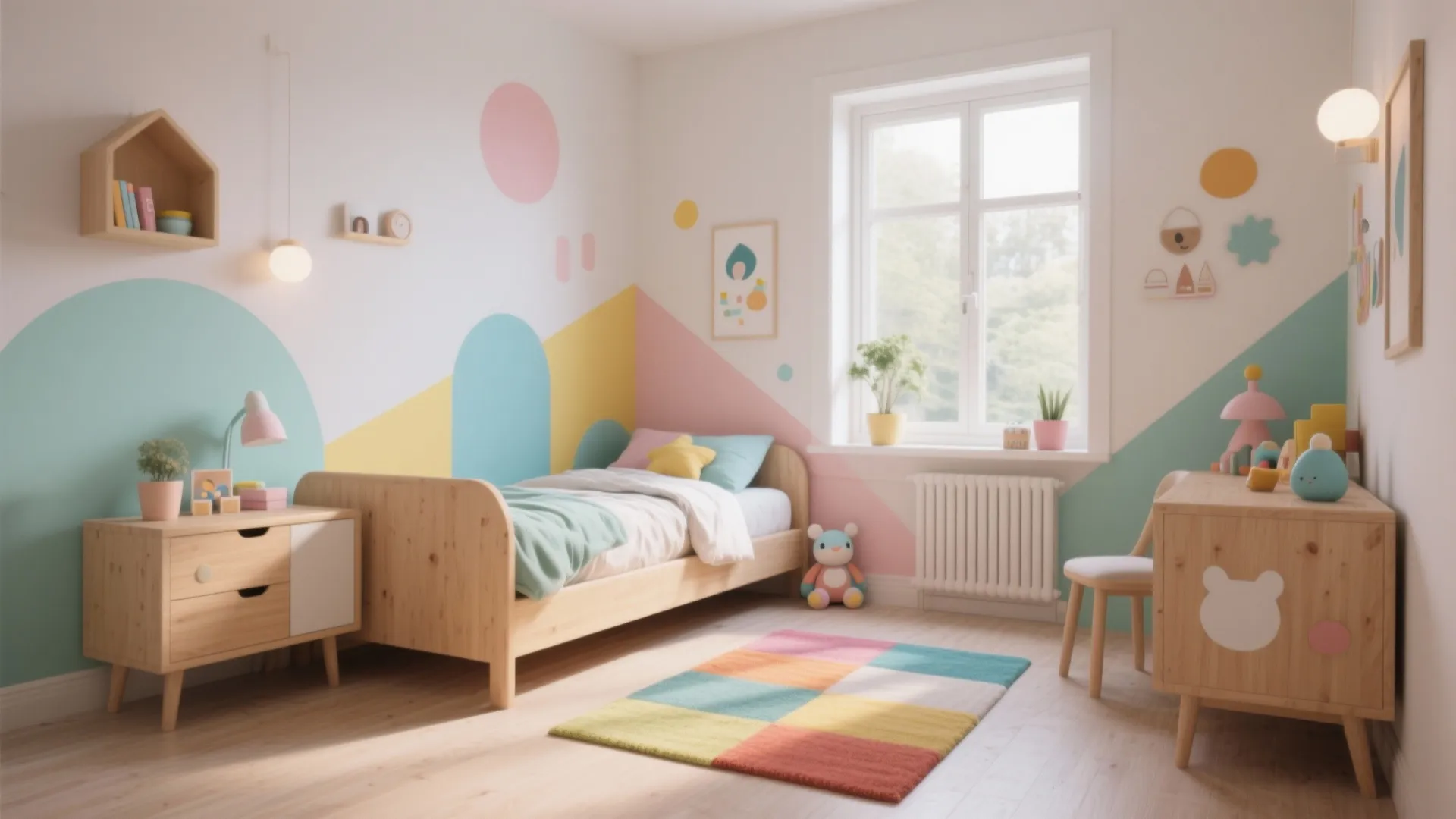 Bright kids bedroom with colorful geometric wall paint wooden bed colorful rug and small cabinet