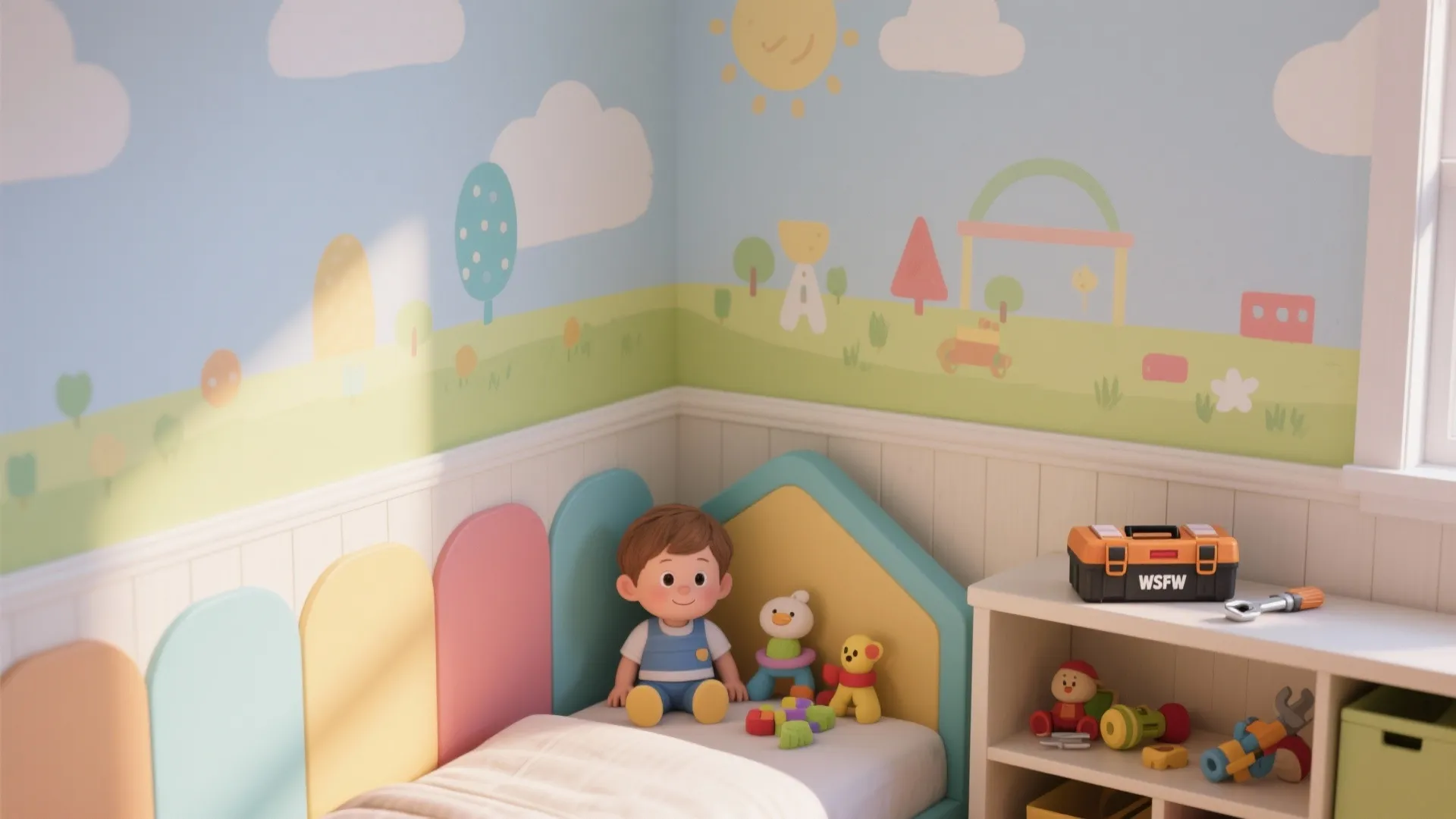 Colorful kids bedroom featuring sky mural wall panel bed and small doll sitting with toys