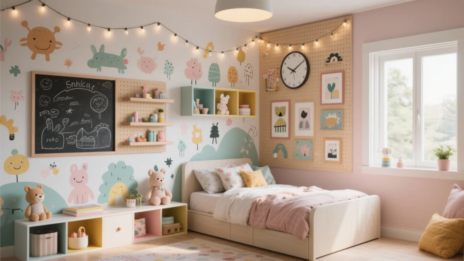 Modern kids room featuring wall stickers chalkboard pegboard storage white bed and soft pink colors