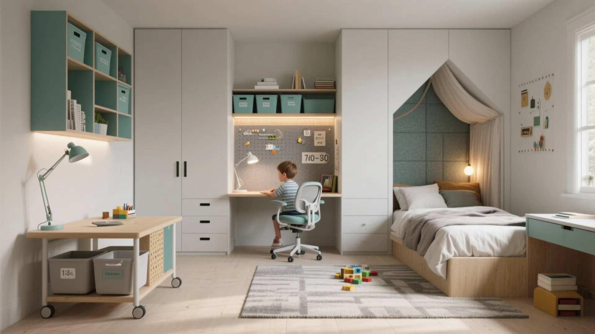 Modern kids bedroom with study desk boy sitting house shaped bed white cabinets and lighting
