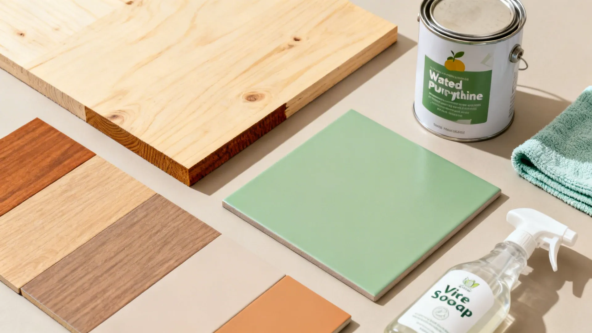 Flat lay of sealed birch plywood, matte laminate, green linoleum, and water-based finish for easy cleaning.