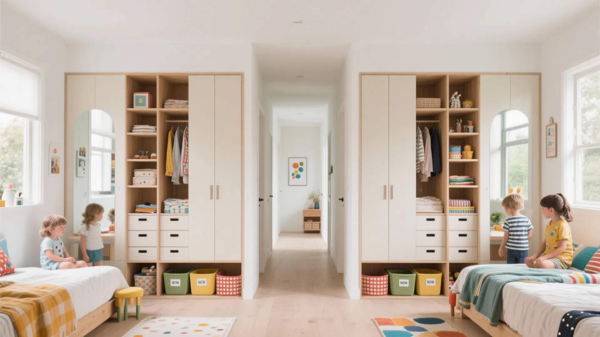 Kid-Friendly Rooms With Shared Storage Wall