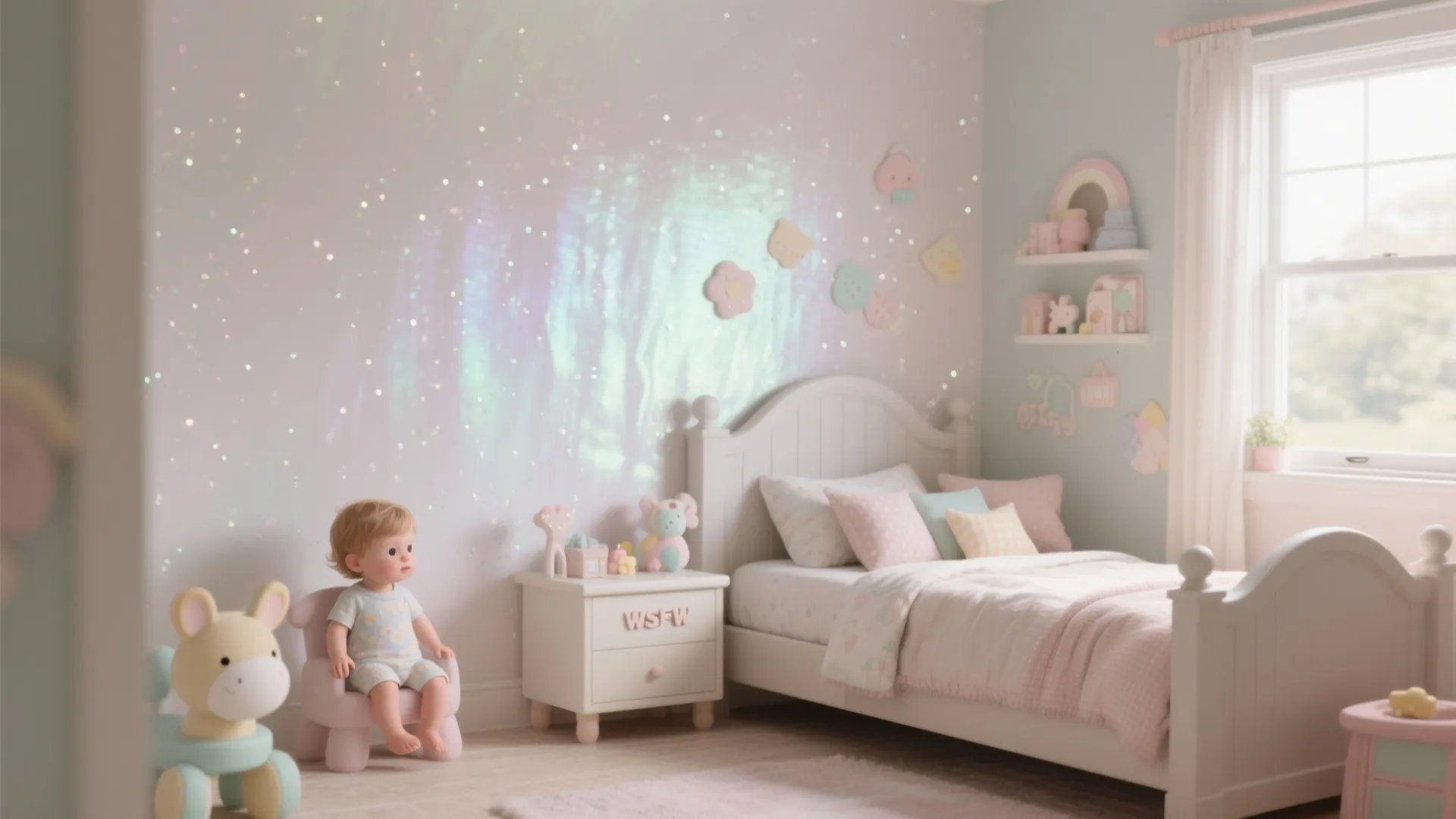White kids bedroom with glittery wall paint and small white bed and pastel room decor