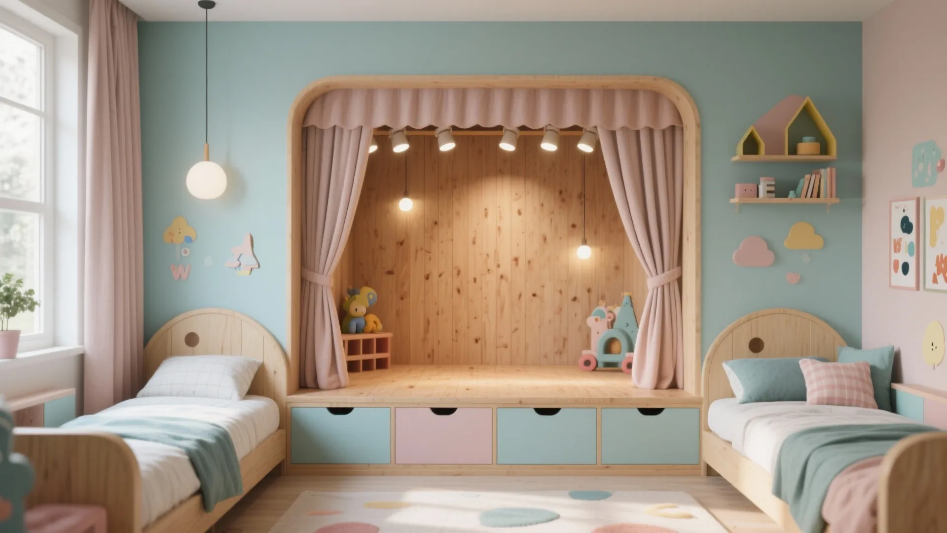 Shared kids bedroom with two single beds and a small wooden play stage with curtains