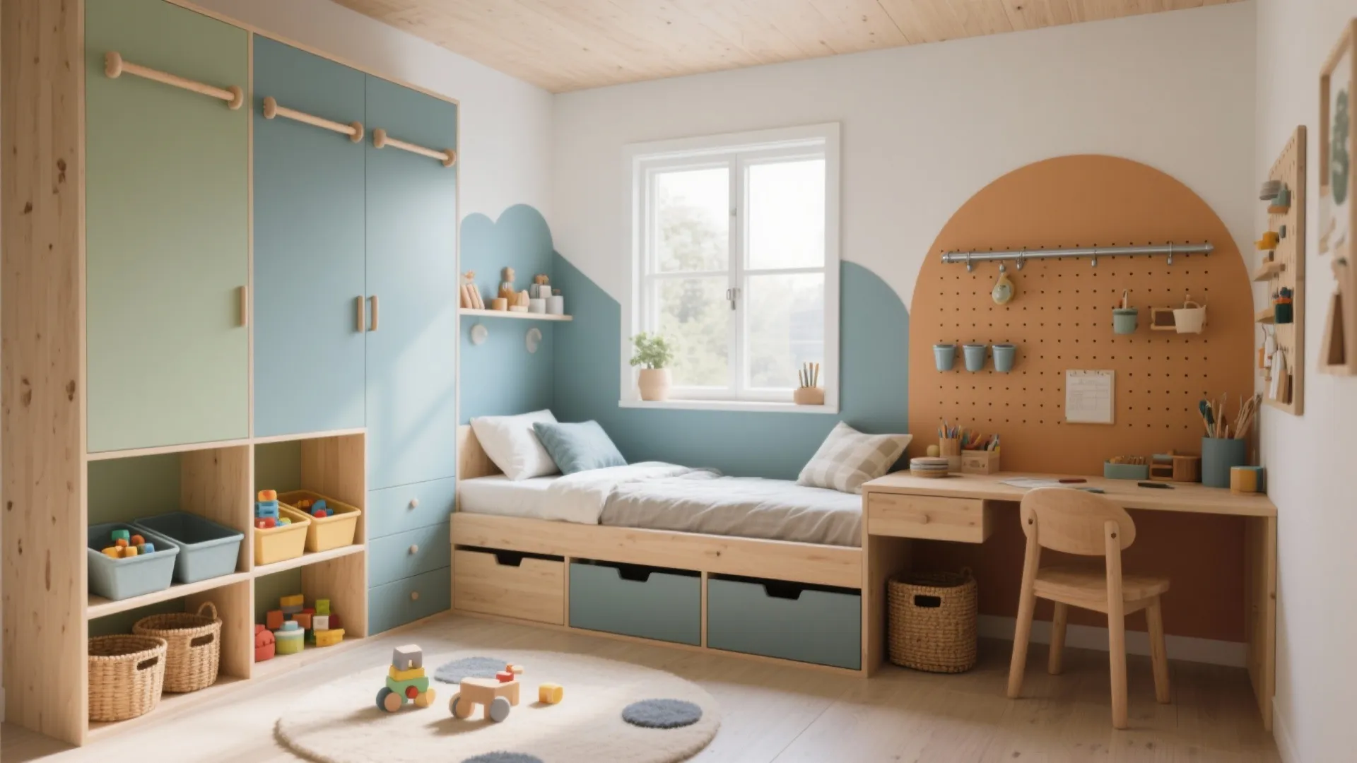 Modern kids bedroom featuring a wooden bed with storage drawers desk and blue wall panels