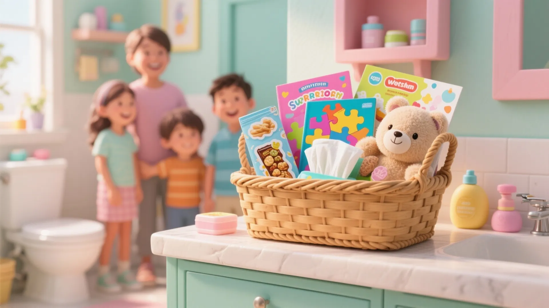 Colorful kid-friendly surprise pack with stickers, puzzles, wipes and a small plush in a bathroom setting.