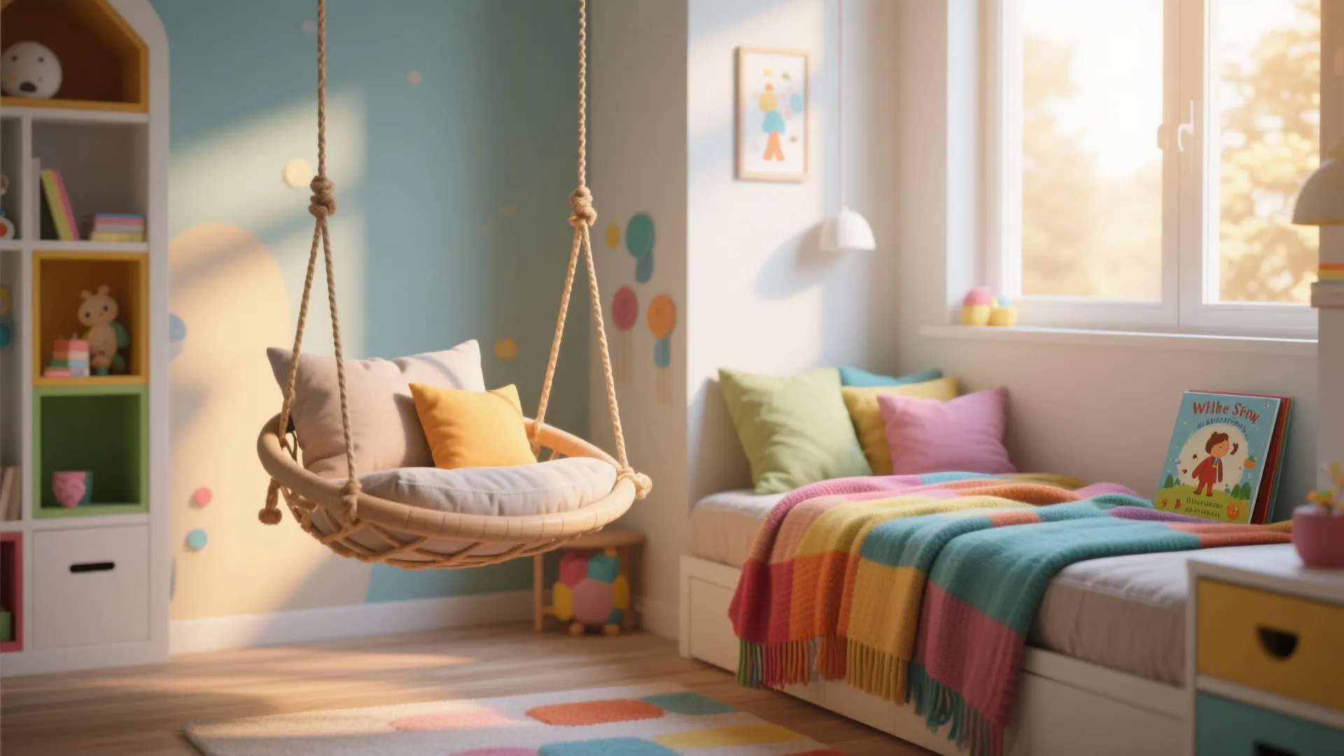 Cozy kids room with hanging swing chair colorful bed cover wooden bookshelf and bright window light