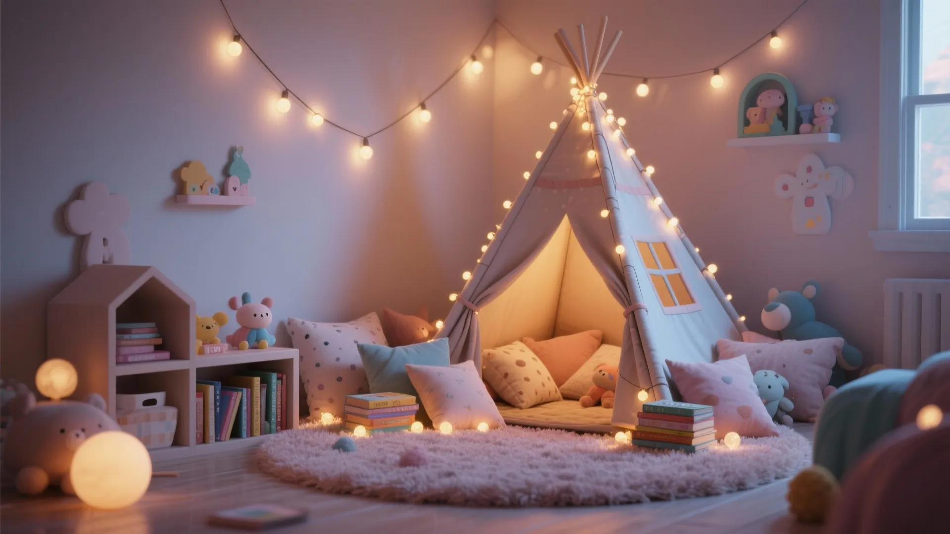 Kids play area with small tent fairy lights soft pillows round rug and many story books