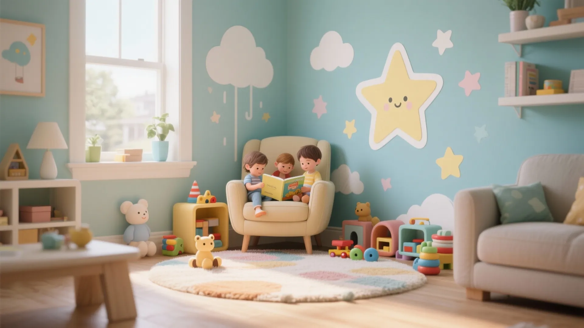 Children sitting in armchair reading book inside colorful nursery with star wall stickers and toys
