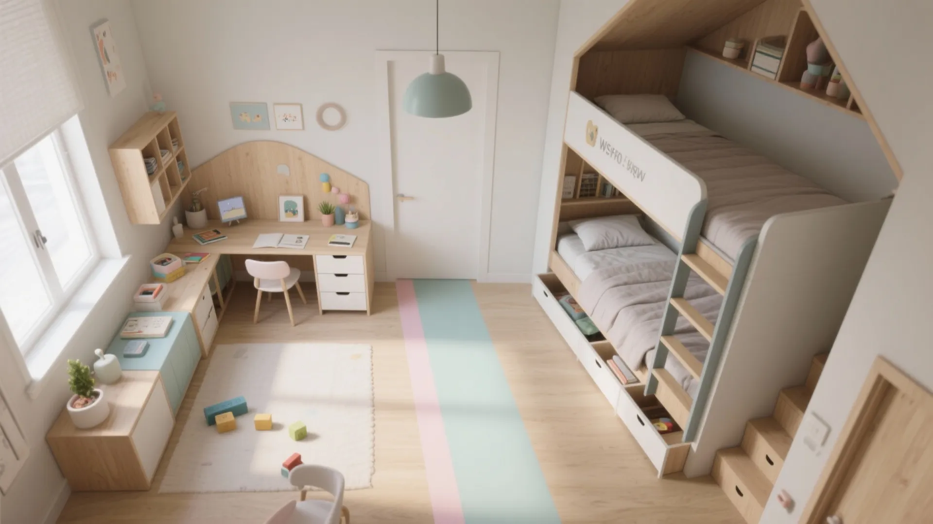 Top-down layout of a small kids room showing clear pathways and zoned areas