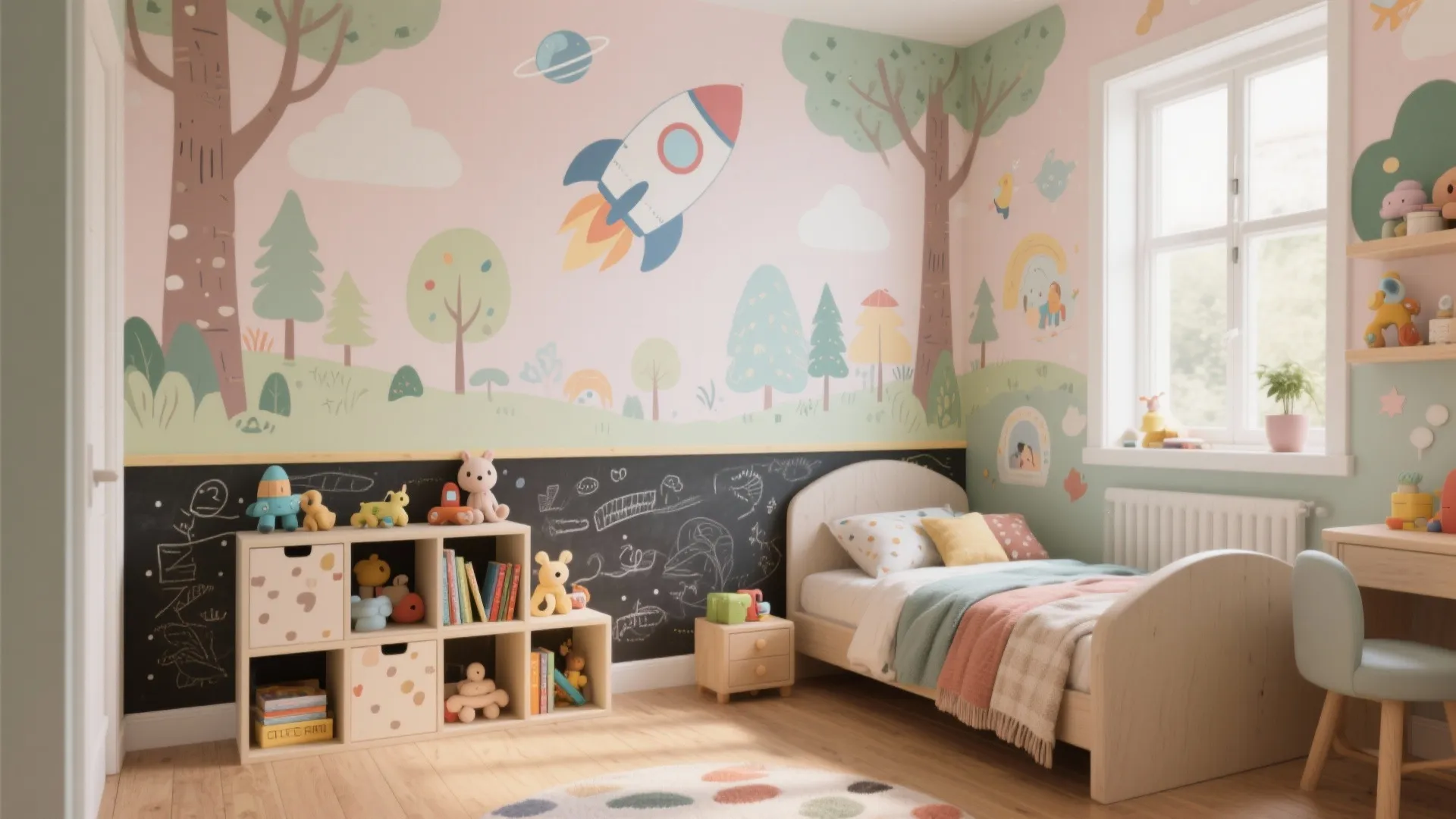 Kids bedroom with rocket wall art plus a chalkboard wall for drawing and wooden furniture