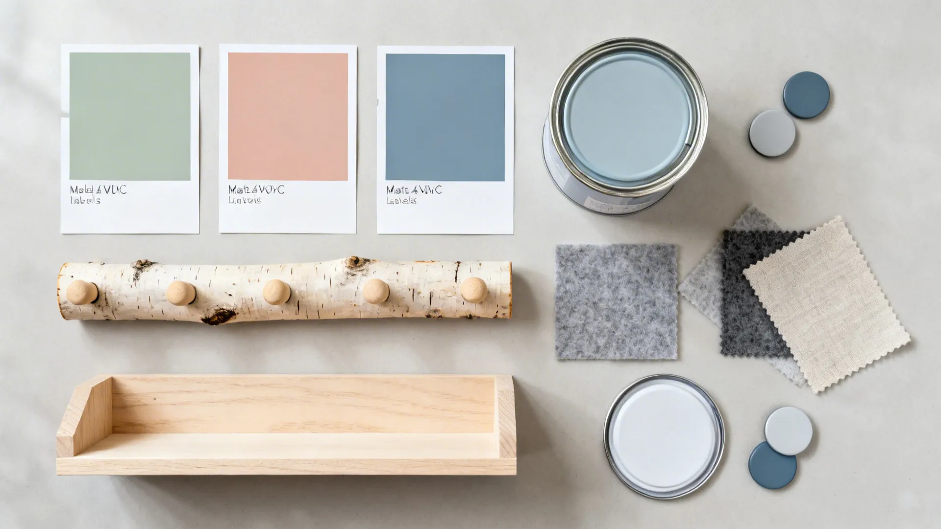 Flatlay of sage and peach paint swatches, oak and birch samples, felt, linen, and magnets.