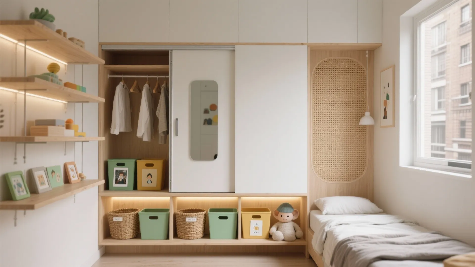 Built-in kids wardrobe with sliding white doors, open shelves, storage boxes, and a small bed