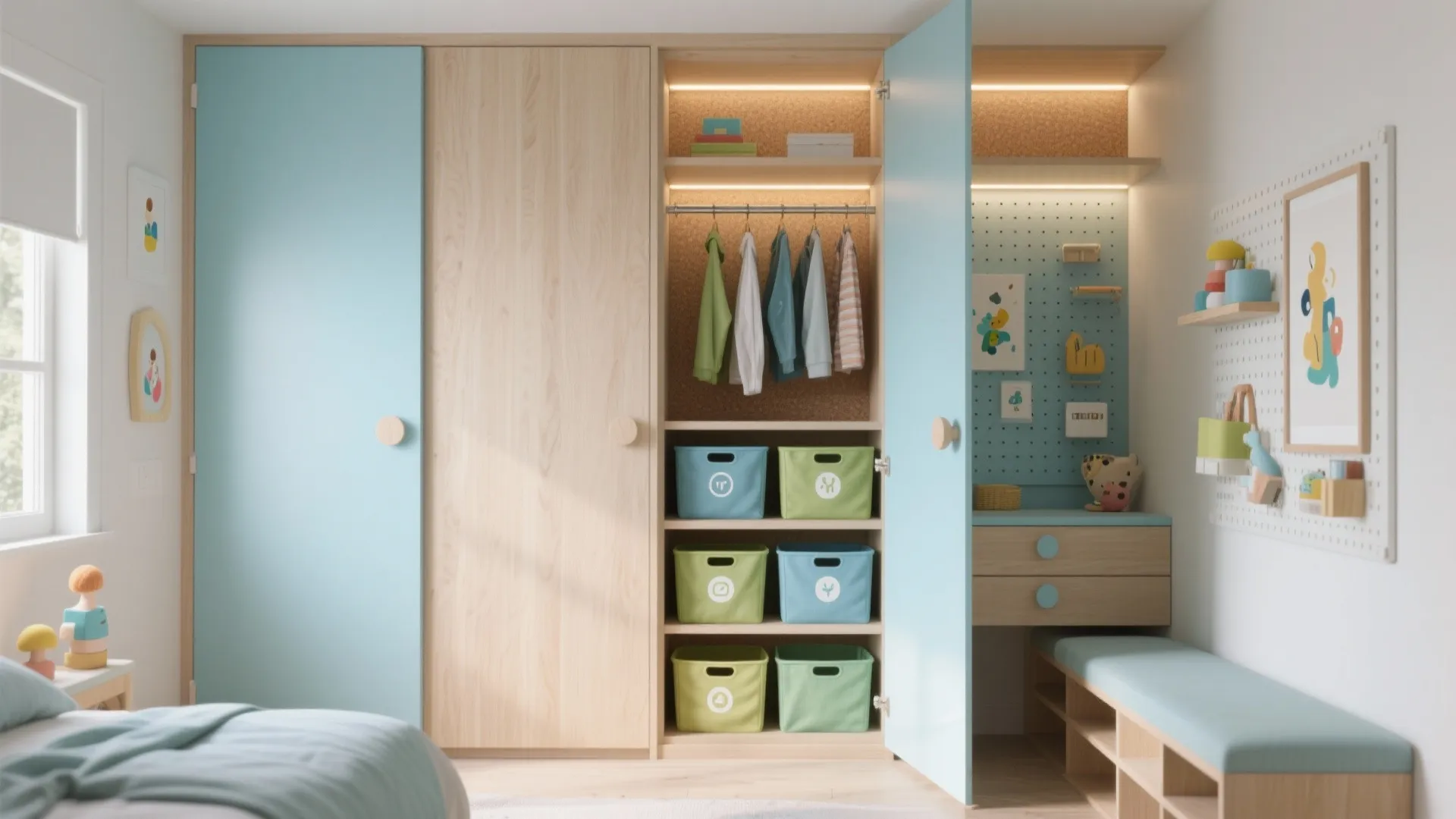 Kids bedroom storage with light wood and blue doors featuring hanging clothes colorful bins and desk