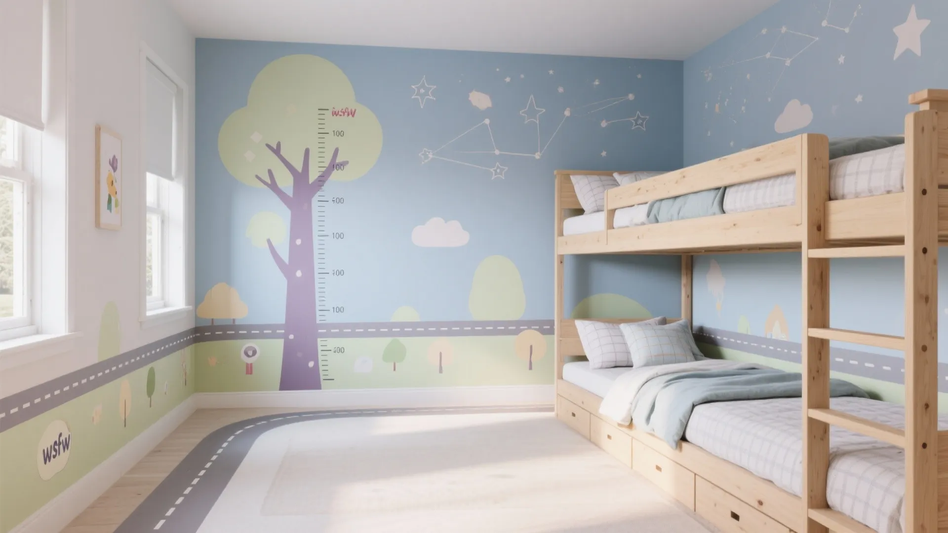 Kids bedroom with wooden bunk bed light blue walls and colorful tree height chart wall stickers