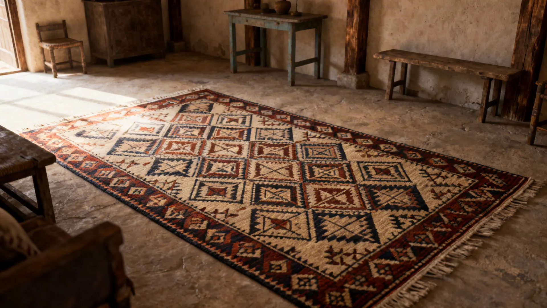 Rustic living room with a hand-knotted kilim rug and simple wooden furniture