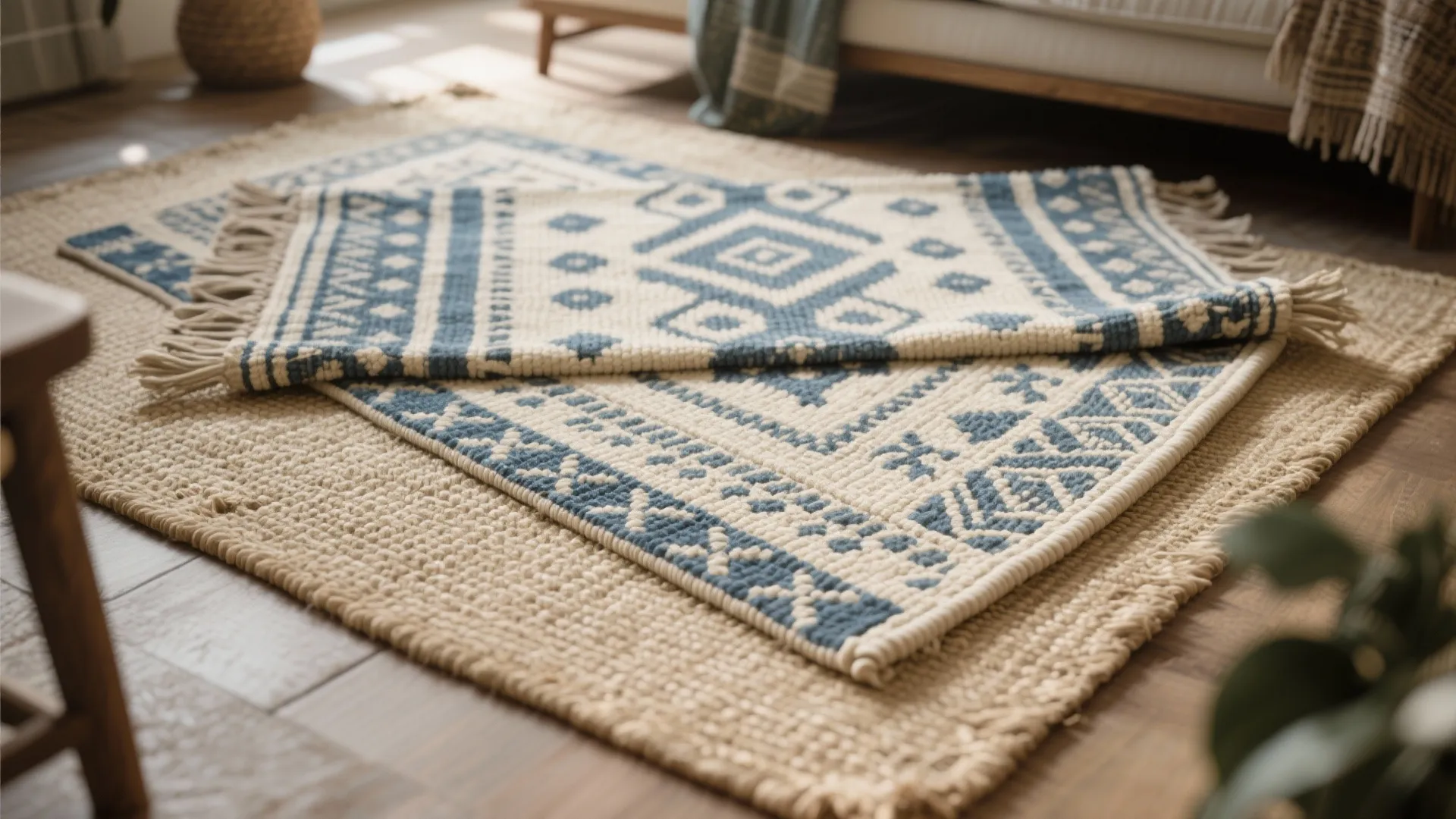 Top-down view of a blue-and-cream kilim rug layered over a neutral sisal mat.
