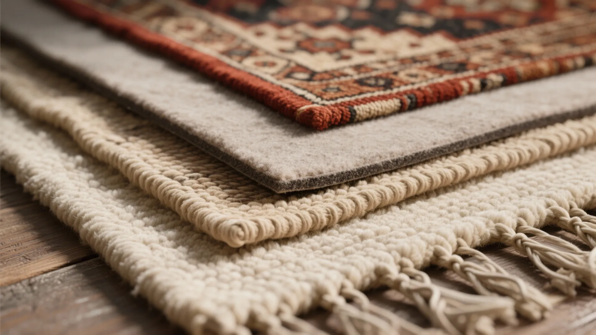 Layered neutrals with a bold accent rug