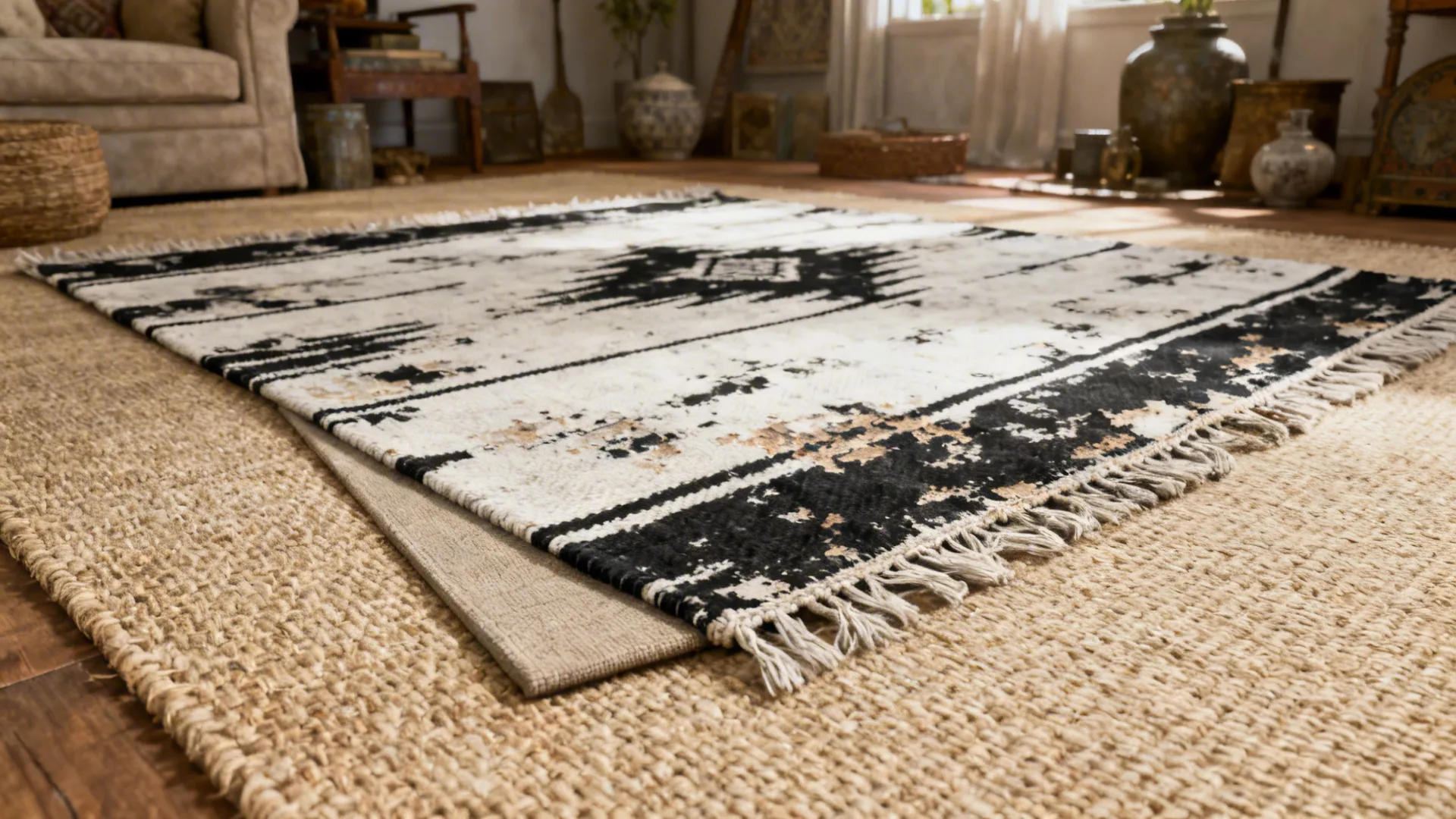 Distressed black-and-white kilim layered over a sisal rug with vintage accessories.
