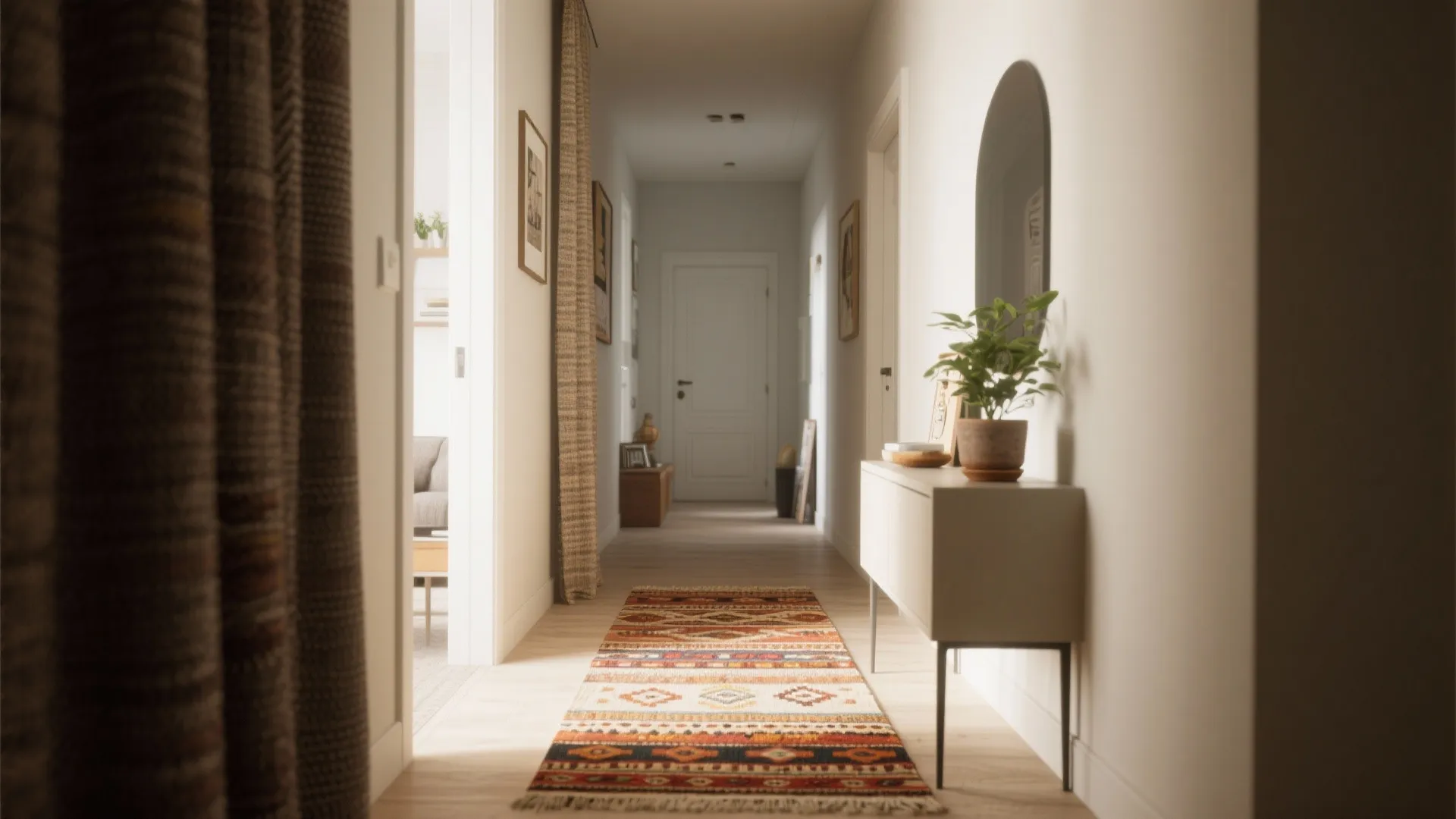 A long hallway with white walls wooden floor colorful patterned floor rug and small cabinet